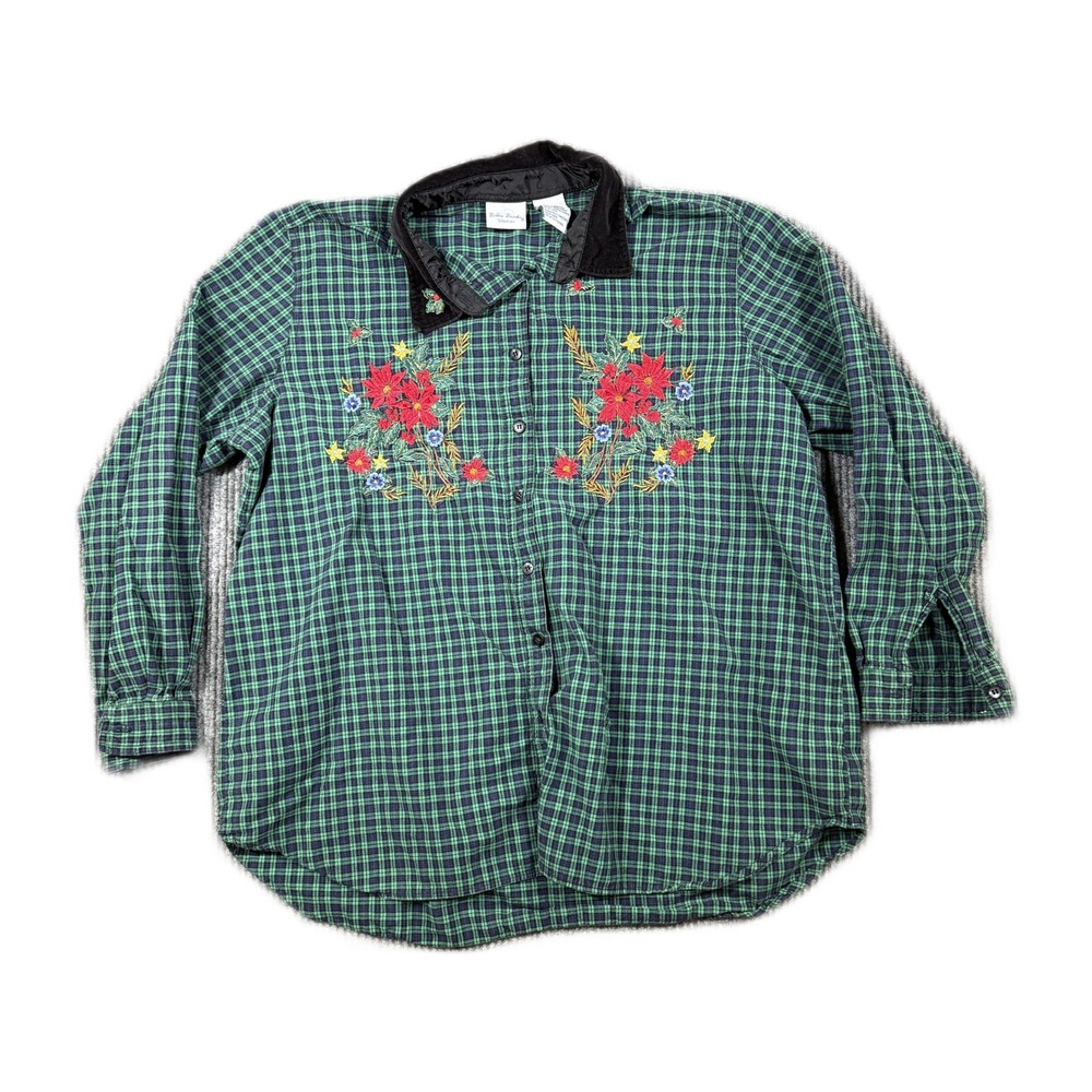 Bobbie Brooks Christmas Poinsettia Embroidered Plaid Shirt Womens 22W 24W